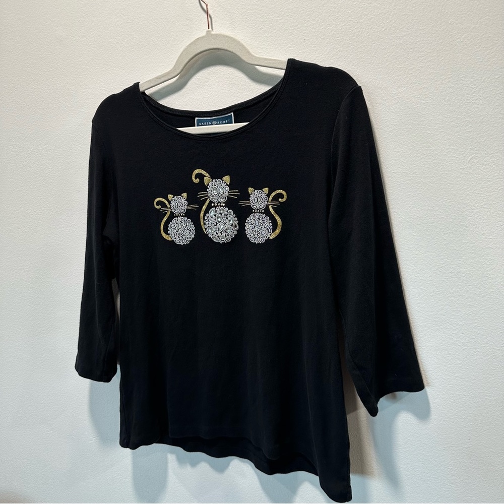 Karen Scott Sparkly Gem Cats Metallic Gold 3/4 Sleeve Boatneck Top Women size L - Picture 2 of 5